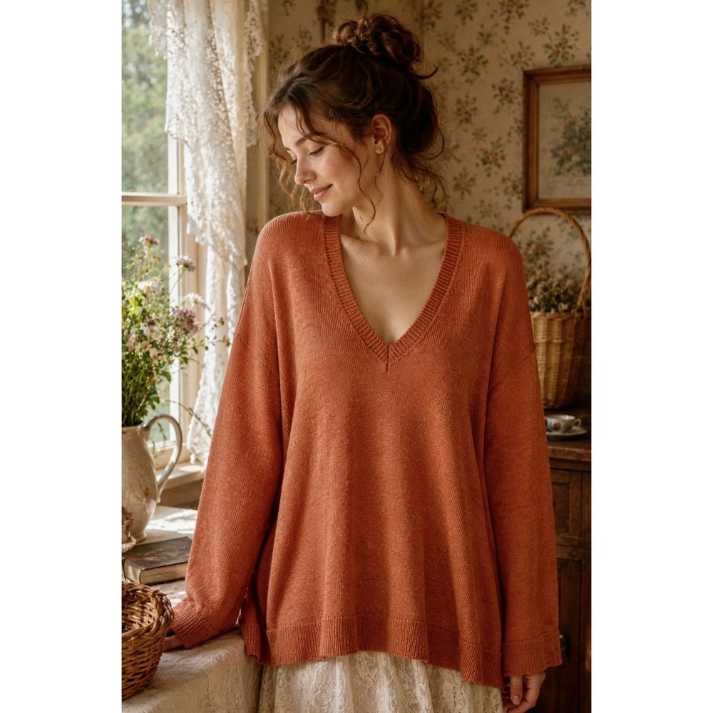 FREE PEOPLE Free-est V Neck Pullover Sweater Orange Knitwear Boho Bohemian Small